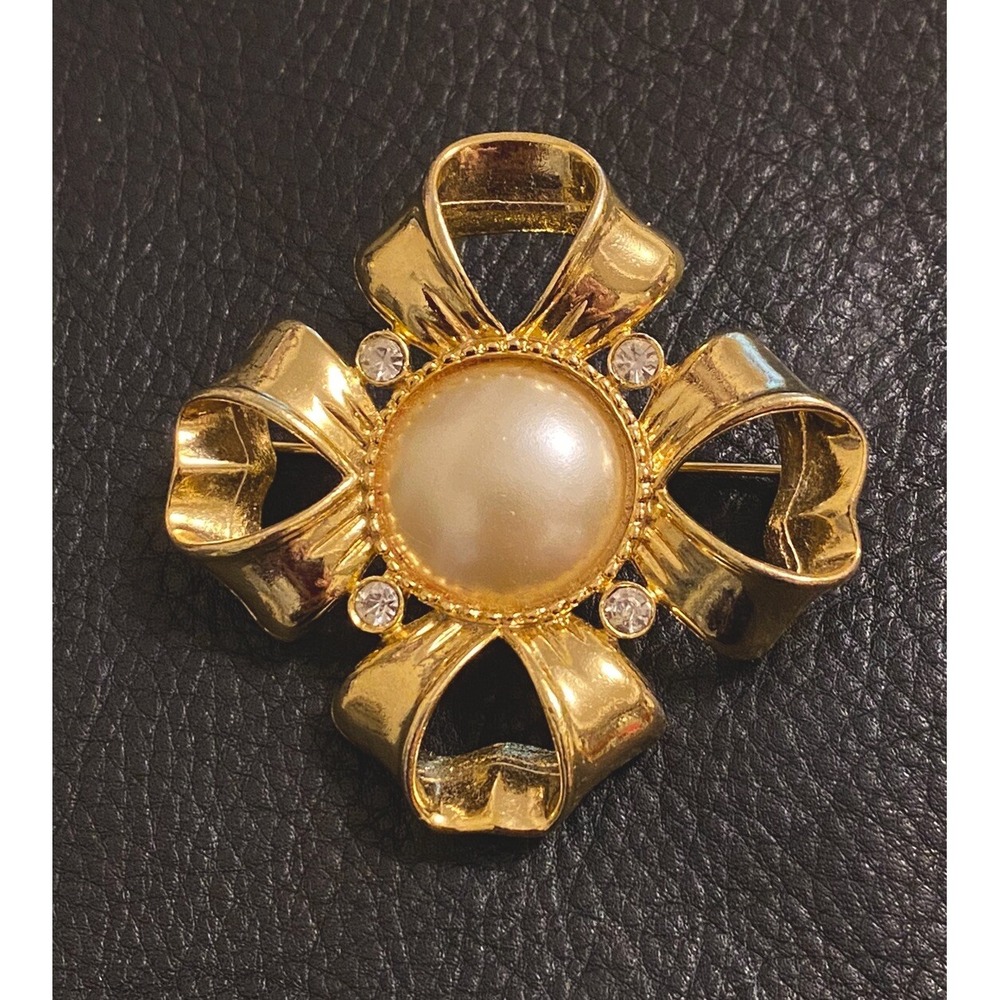 Knot Bun gold tone Metal with faux Pearl & Rhinestones Decor vintage Large 2.5"L